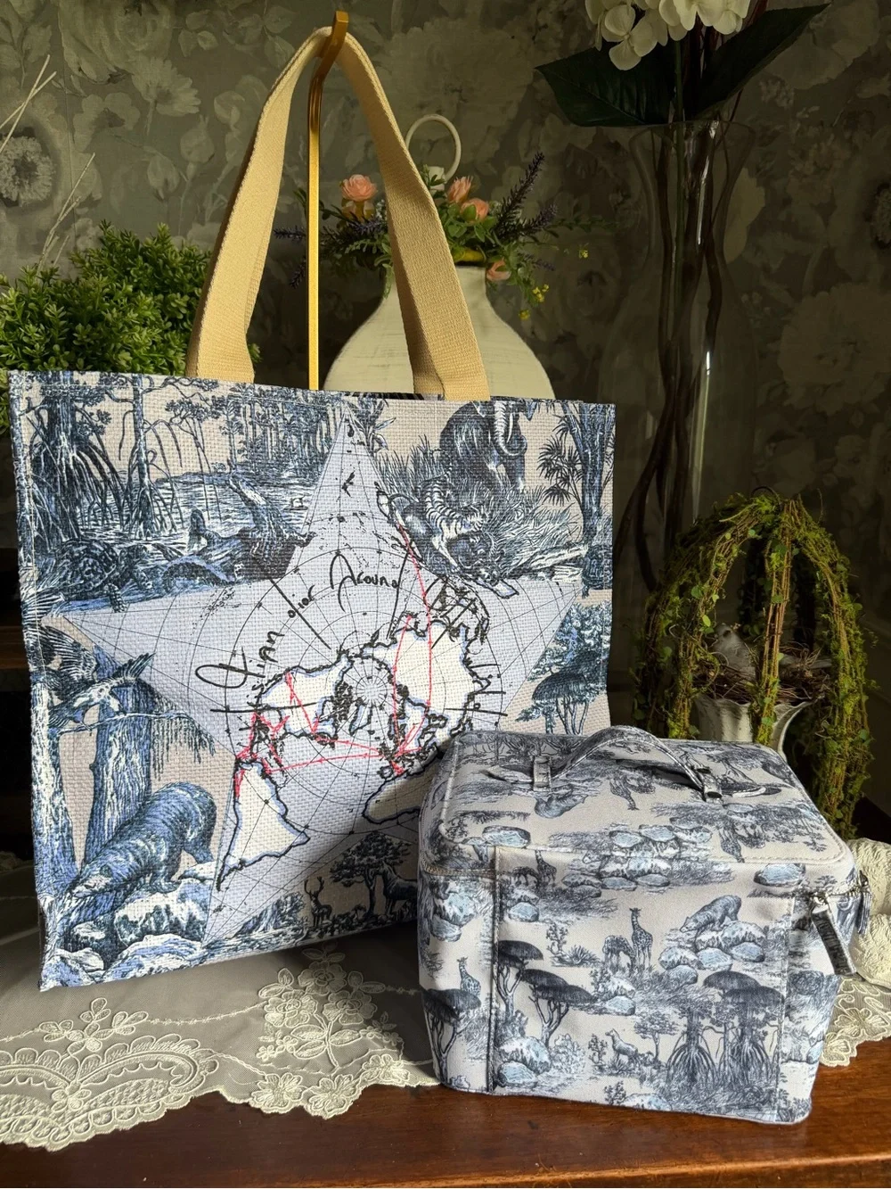 NWOT Dior Canvas Travel Tote and Cosmetic Case in Blue Map Globe Print
